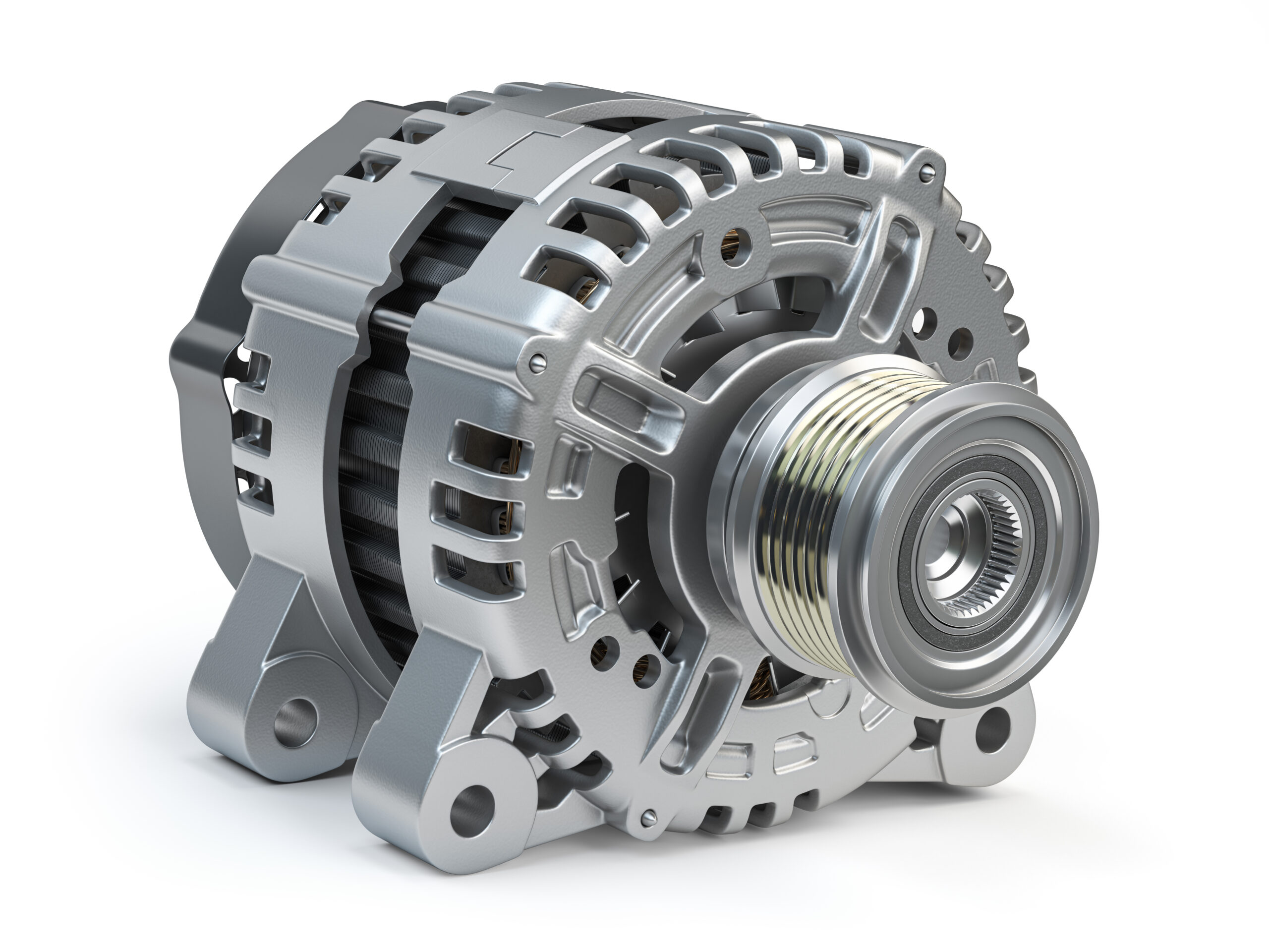 Een nieuwe dynamo op een witte achtergrond, geschikt voor voertuigreparatie en revisie bij dynamostartmotor.nl.